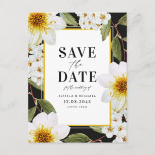 Weiße Dahlie und Spirea Botanische Save The Date Ankündigungspostkarte