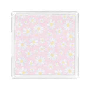Weiße Daisy-Blume Rosa Bläschen Acryl Tablett