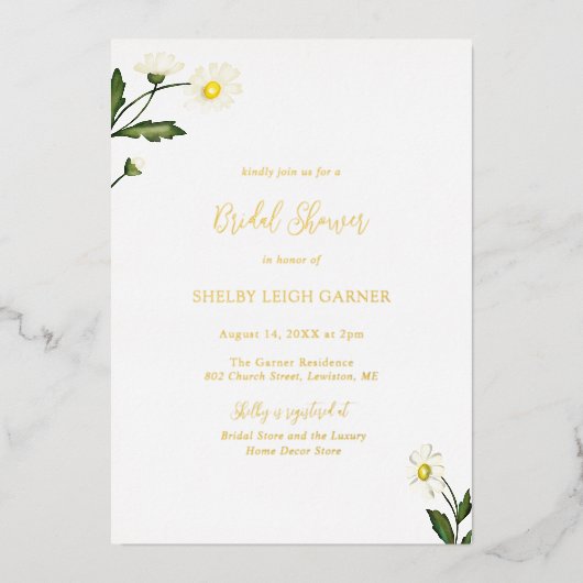 Weiße Daisy-Flora Rustikales Brautparty Folieneinladung (Vorderseite)