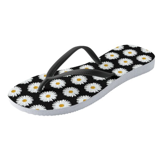 Weiße Daisy-Floral-Muster auf schwarz Badesandalen (Schrägansicht)