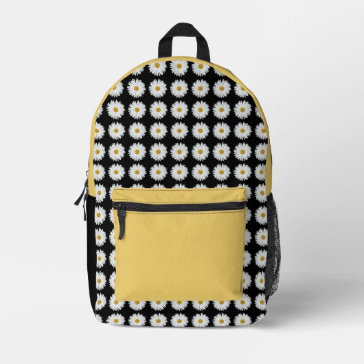 Weiße Daisy-Floral-Muster auf schwarz Bedruckter Rucksack (Vorderseite)