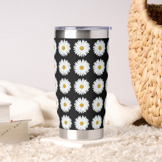 Weiße Daisy-Floral-Muster auf schwarz Thermobecher (Wohnzimmer)