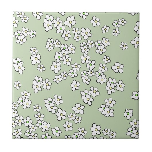 Weiße Daisy-Muster in sanftgrünem Grün Fliese (Vorderseite)