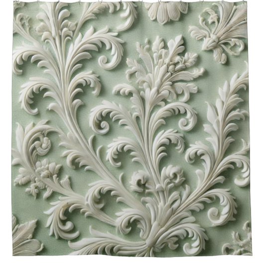 Weiße Damaske Blumenmuster Weicher grüner Hintergr Duschvorhang (Vorderseite)