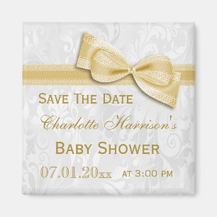 Weiße Damast-u. Goldbogen-Baby-Dusche Save the Magnet