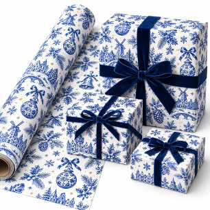 Weiße & Delfter Blaue Niederländische Weihnachts-P Geschenkpapier
