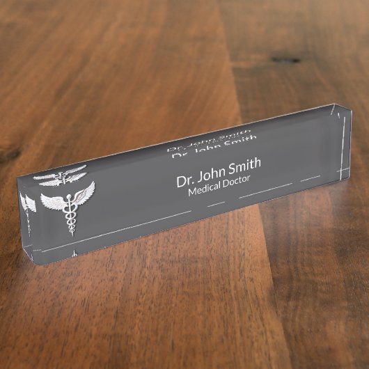 Weiße, detaillierte Caduceus erwärmen Grau Medizin Namensplakette (Seite)
