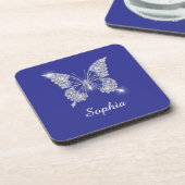 Weiße Diamant-Schmetterling, Schriftname, Tiefblau Getränkeuntersetzer (Linke Seite)