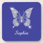 Weiße Diamant-Schmetterling, Schriftname, Tiefblau Getränkeuntersetzer (Vorderseite)
