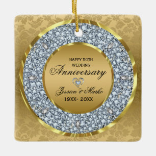 Weiße Diamanten und Goldene 50. Hochzeitstag-Jubil Keramikornament