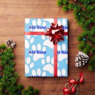 Weiße Dog Paw Print Individuelle Name Blau Geschenkpapier