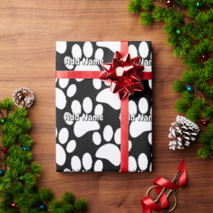 Weiße Dog Paw Print Individuelle Name Schwarz Geschenkpapier