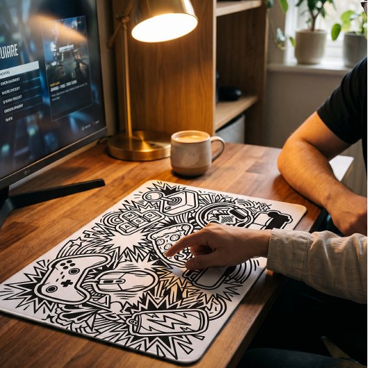 Weiße Doodle-Gaming-Icons Mousepad