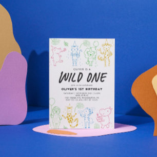 Weiße Doodle Party 1. Geburtstag Einladung