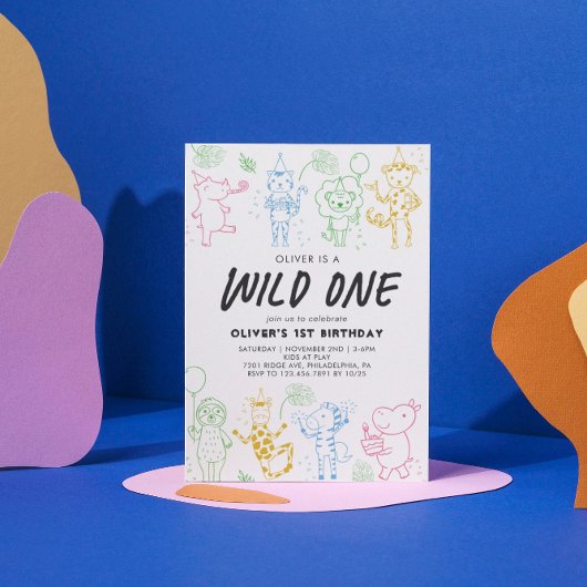 Weiße Doodle Party 1. Geburtstag Einladung