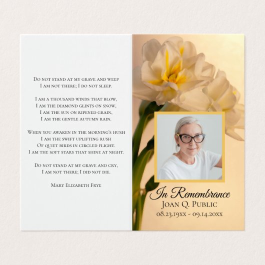 Weiße Doppel-Daffodische Blume Beerdigung Gebet Visitenkarten (Außenseite Aufgefaltet)