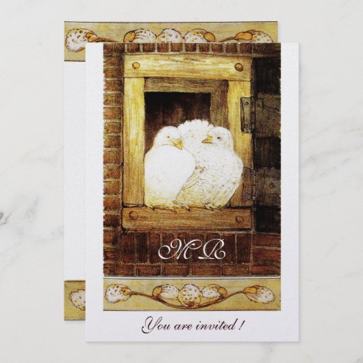 WEISSE DOVEN AM FENSTER, metallisch Einladung (Vorne/Hinten)