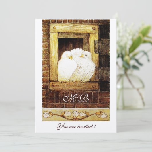 WEISSE DOVEN AM FENSTER-Monogramm-Champagner Einladung (Stehend Vorderseite)