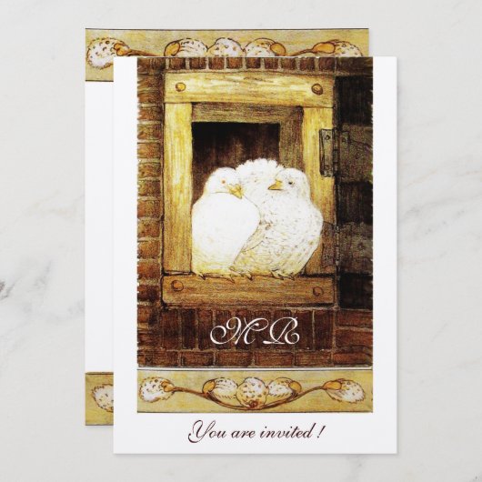 WEISSE DOVEN AM FENSTER-Monogramm-Champagner Einladung (Vorne/Hinten)