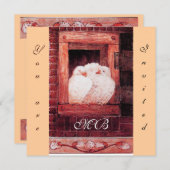 WEISSE DOVEN AM FENSTER, rotes Monogramm Einladung (Vorne/Hinten)