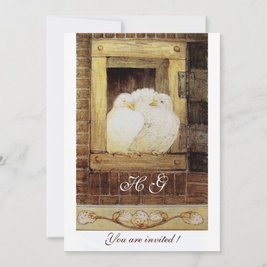 WEISSE DOVEN AN DER FENSTELLE, braun-gelb Einladung (Vorderseite)