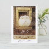 WEISSE DOVEN AN DER FENSTELLE, braun-gelb Einladung (Stehend Vorderseite)