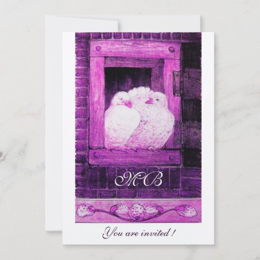 WEISSE DOVEN AN DER FENSTELLE, weißes Lila Einladung (Vorderseite)