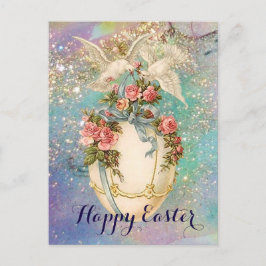 WEISSE DOVEN MIT OSTEREI, BLUE BOW, PINKROSEN FEIERTAGSPOSTKARTE