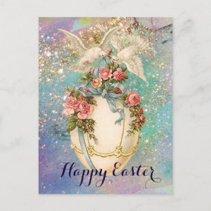 WEISSE DOVEN MIT OSTEREI, BLUE BOW, PINKROSEN FEIERTAGSPOSTKARTE