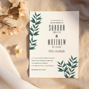 Weiße, dunkelgrüne Aquarellfarben Blätter Hochzeit Einladung