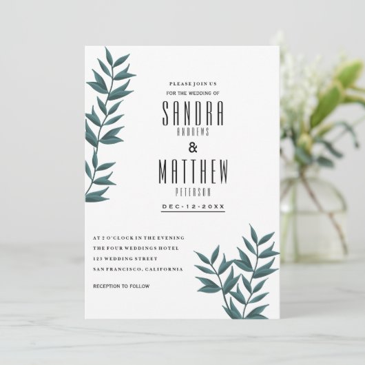 Weiße, dunkelgrüne Aquarellfarben Blätter Hochzeit Einladung (Stehend Vorderseite)