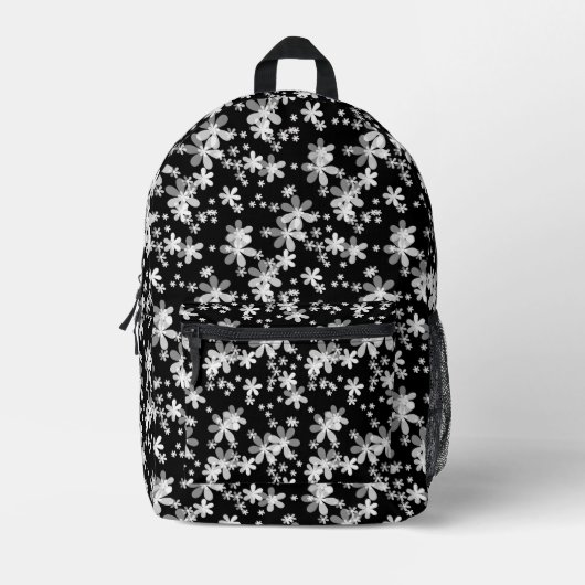 Weiße dunkle Blume auf schwarzem Hintergrund Bedruckter Rucksack (Vorderseite)