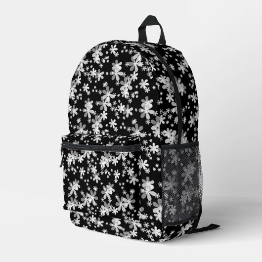 Weiße dunkle Blume auf schwarzem Hintergrund Bedruckter Rucksack (Rückseitige Ecke Rechts)