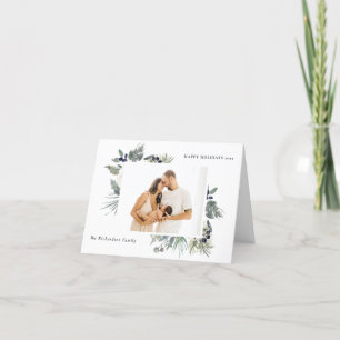 Weiße düstere grüne Weihnachts-Blattwerk-Foto Happ Feiertagskarte