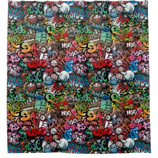 Weiße dynamische Straßenkunst Graffiti-Kunstmuster Duschvorhang (Vorderseite)