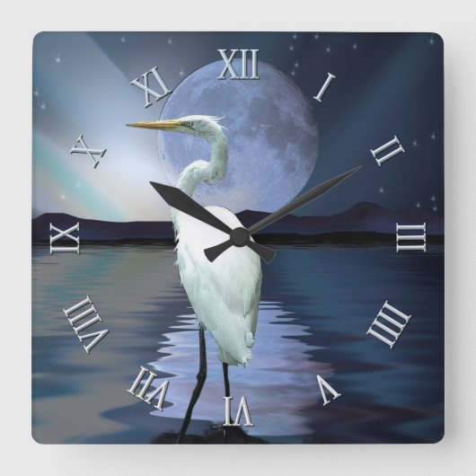 Weiße Egret, Vollmond & Aurora Wildlife Scene Quadratische Wanduhr (Vorderseite)