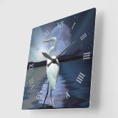 Weiße Egret, Vollmond & Aurora Wildlife Scene Quadratische Wanduhr (Winkel)