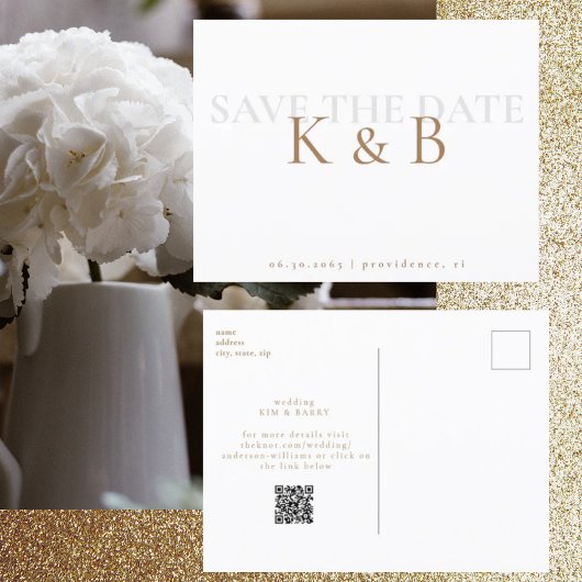 Weiße Einfachheit Monogramm QR-Code Save-the-Date- Postkarte