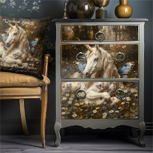 Weiße Einhorn Blaue Butterfly Weide Blumenfantasie Seidenpapier
