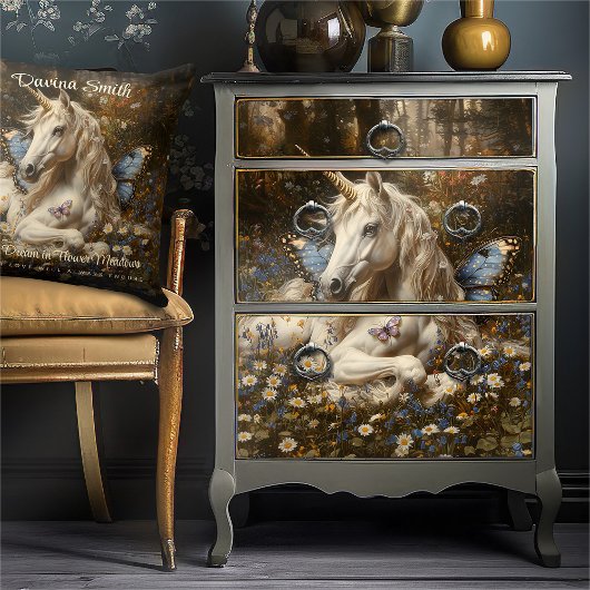 Weiße Einhorn Blaue Butterfly Weide Blumenfantasie Seidenpapier