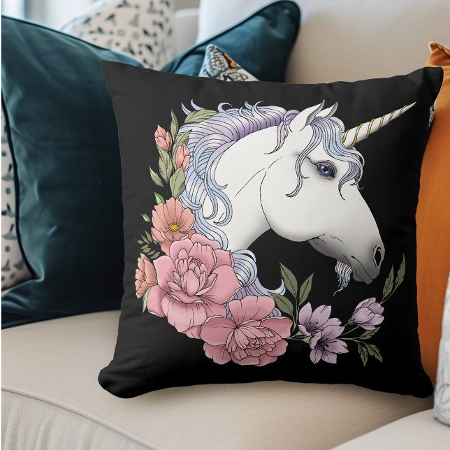Weiße Einhorn-Blume Rosa Schwarz Kissen (Von Creator hochgeladen)
