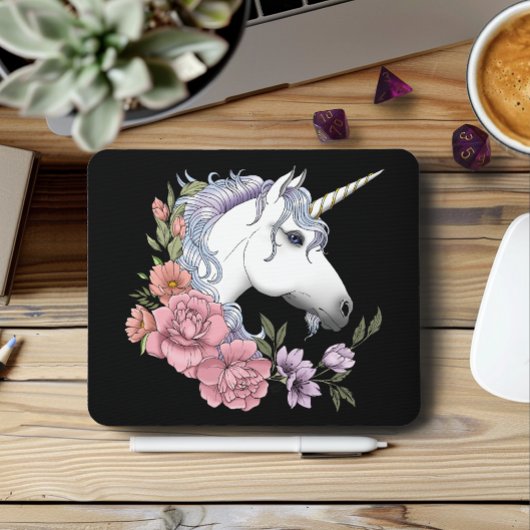 Weiße Einhorn-Blume Rosa Schwarz Mousepad