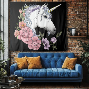 Weiße Einhorn-Blume Rosa Schwarz Wandteppich