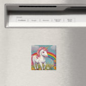 Weiße Einhorn in Regenbogen-Blumenwiese Magnet (In Situ (Geschirrspüler))