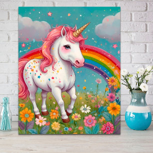 Weiße Einhorn in Regenbogen-Blumenwiese Poster