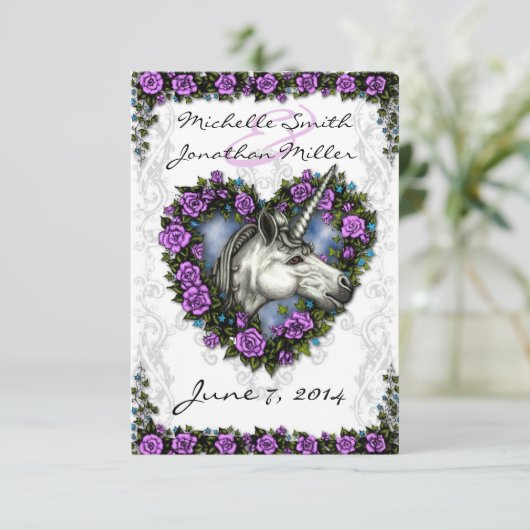 Weiße Einhornkarte und Lila Rose Herzkarte Empfang Begleitkarte (Stehend Vorderseite)