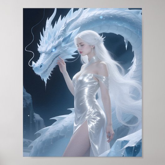 Weiße Eisdrachenkönigin Fantasy Silberblau Poster (Vorne)