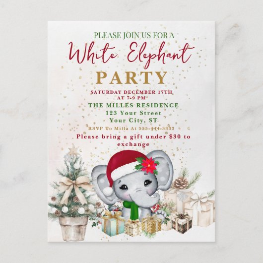 Weiße Elefant Geschenktauschparty Postkarte (Vorderseite)