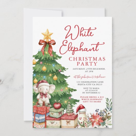 Weiße Elefant-Weihnachtsfeier-Geschenktausch mit r Einladung (Vorderseite)