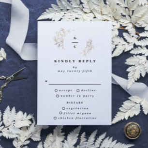Weiße, elegante Botanische Monogramm-Hochzeit RSVP Karte